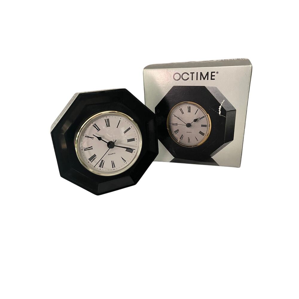 Vintage Luminarc Octime Black Glass Octagon Quartz Desk Clock France Box works